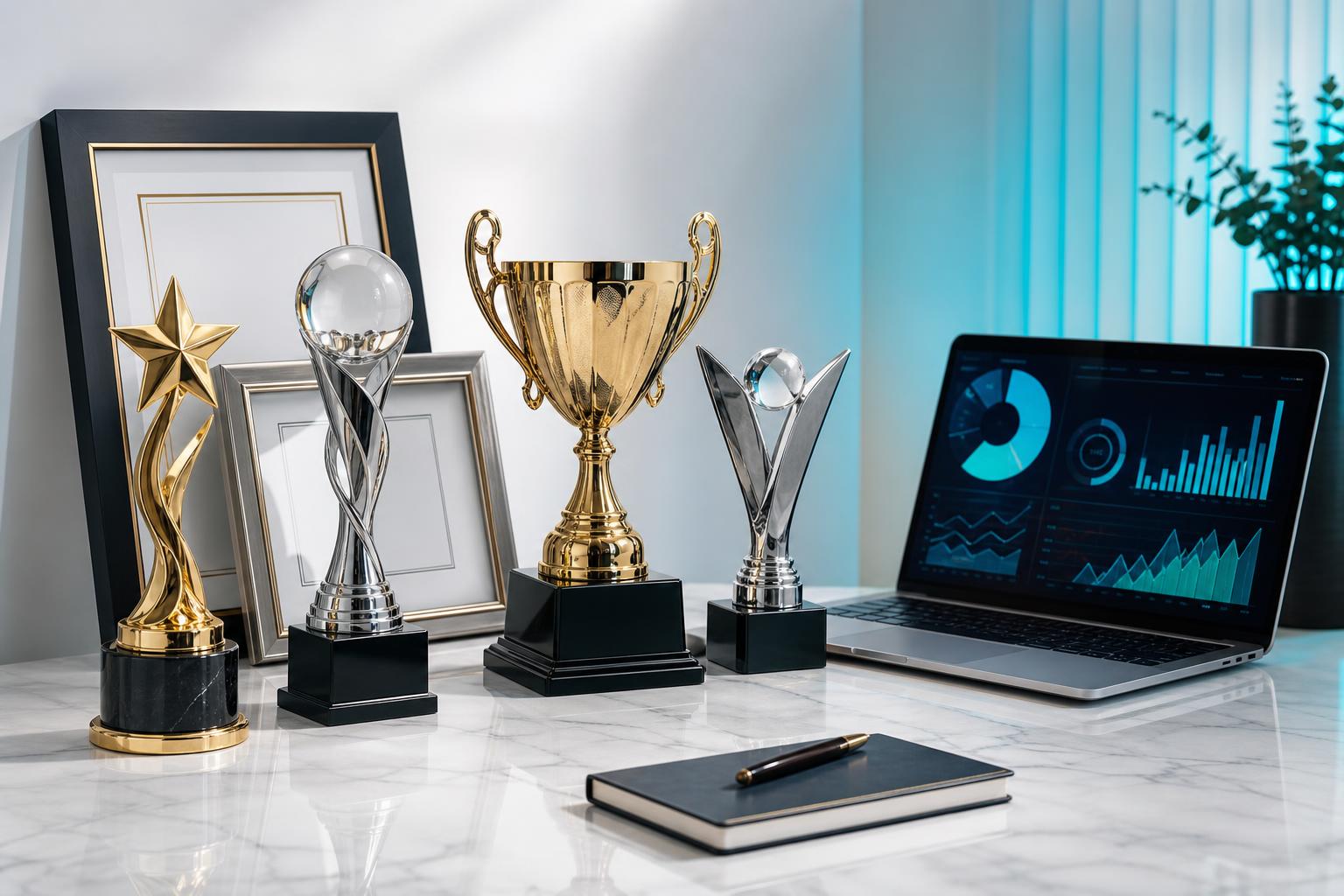 Top reputation management firms — award trophies and certification documents on a desk